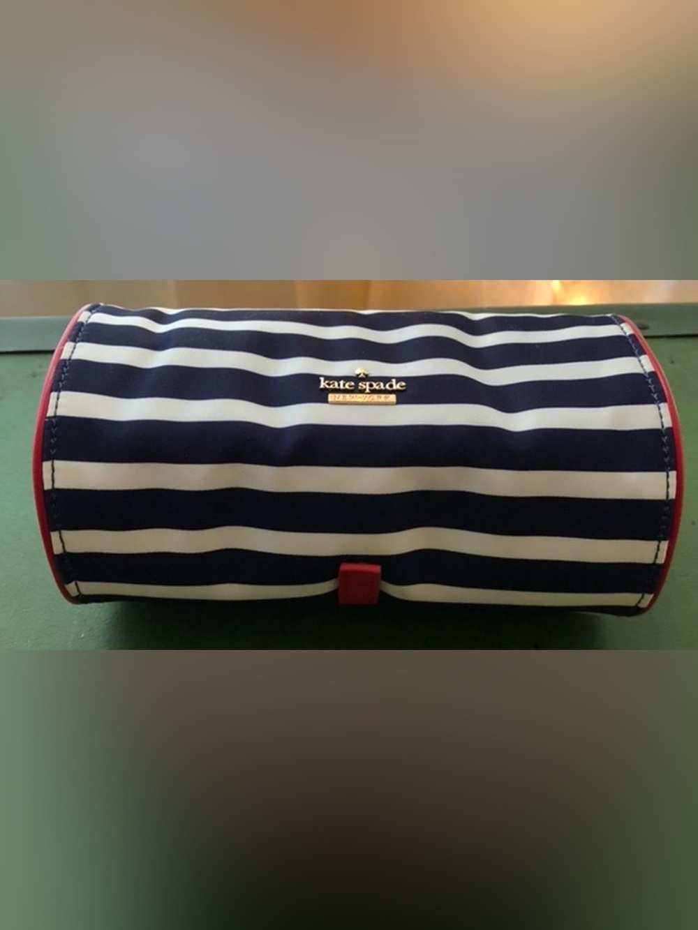 kate spade Navy and White Striped Jewelry Case with Red Tab